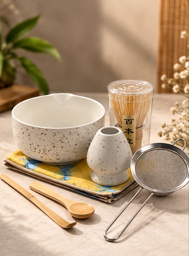 Matcha Kit, 7 pcs, , Bowl, Bamboo Whisk, Whisk Holder, Bamboo Scoop, Stainer