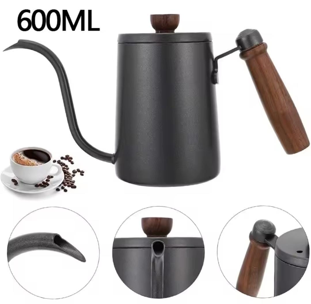 Gooseneck Kettle 600-ml, Pour Over Coffee Kettle with Wood Handle, Stainless Steel.