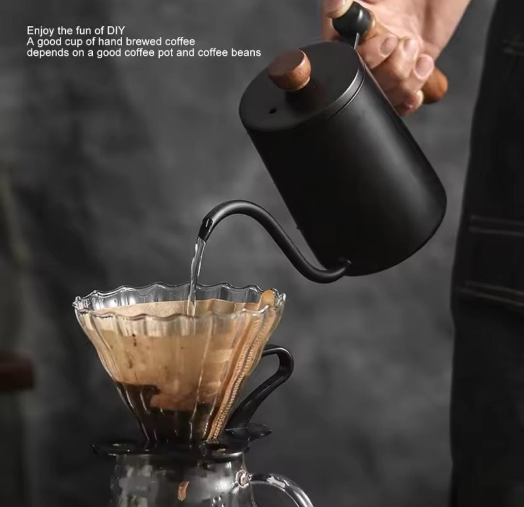 Gooseneck Kettle 600-ml, Pour Over Coffee Kettle with Wood Handle, Stainless Steel.