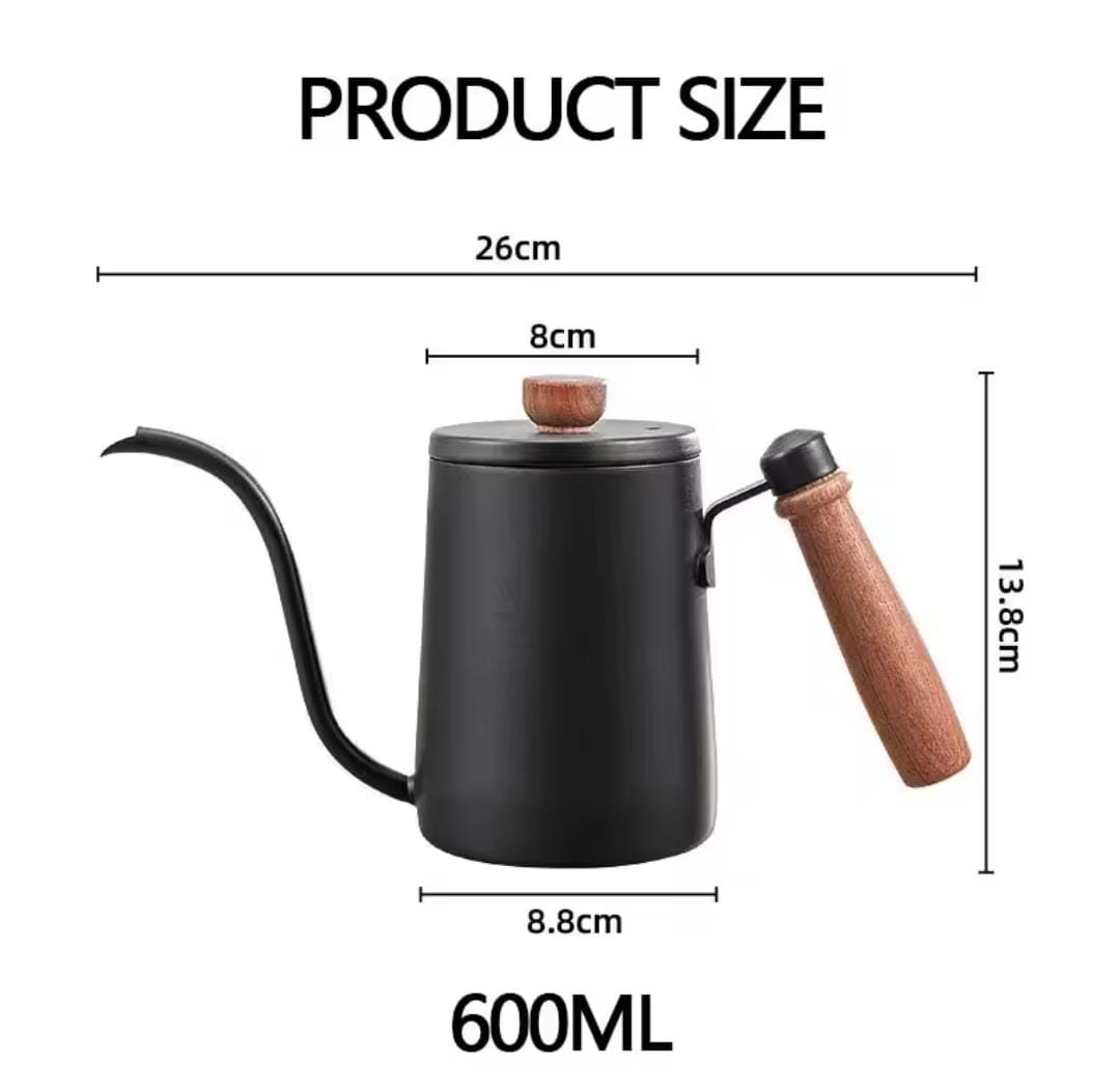 Gooseneck Kettle 600-ml, Pour Over Coffee Kettle with Wood Handle, Stainless Steel.